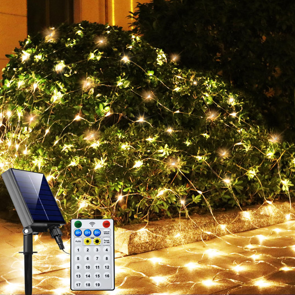 Solar Net Christmas Lights Warm White， 192 LED Net Lights Outdoor Mesh Lights, 19 Modes Solar Powered/USB String Lights for Garden, Yard, Bushes, Trunk, Halloween, Xmas Tree Decor