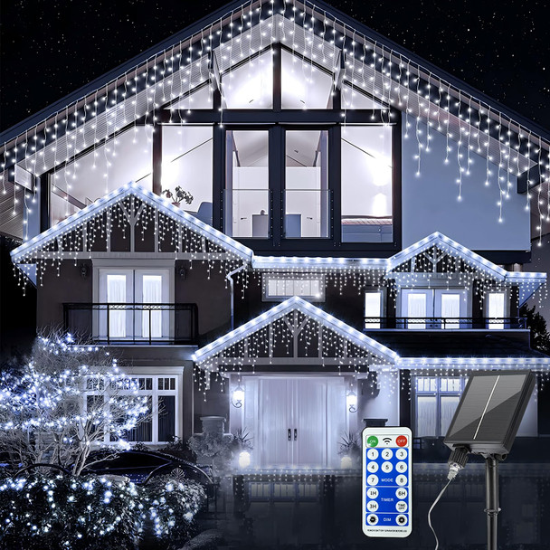 300 LED Christmas Icicle Lights Outdoor, 8-Mode Solar Icicle Lights Led Fairy Curtain Lights for Wedding Party Holiday Christmas Decorations(White)