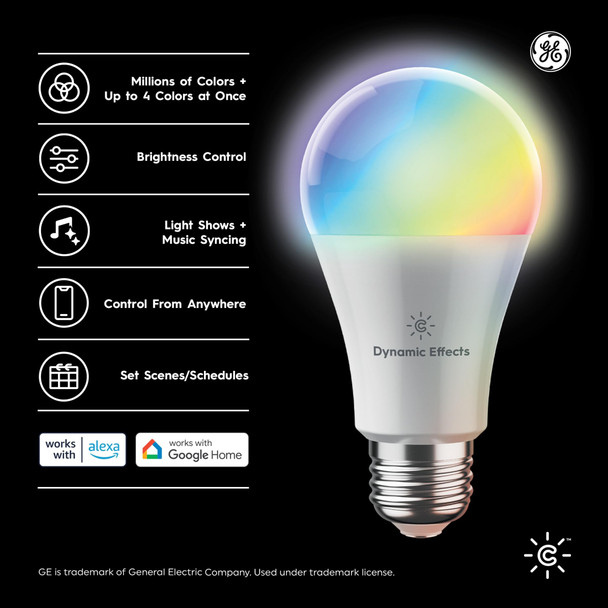 GE CYNC Dynamic Effects A19 Color Changing Light Bulbs with Music Sync, RGB LED Light Bulb, Room Décor Aesthetic WiFi Smart Light, Works with Alexa and Google, 2 Bulbs