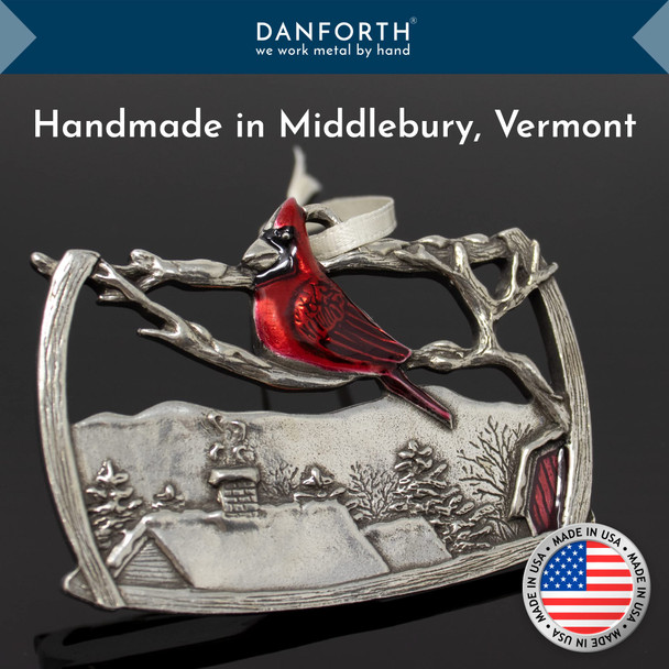 DANFORTH - 'A Visitor' Red Cardinal Christmas Tree Ornament, Hanging Pewter Xmas Decoration, Winter Decor, 2015 Annual Ornament, for Bird Lovers, 2 ½” Wide by 1 ¾” High, Made in USA