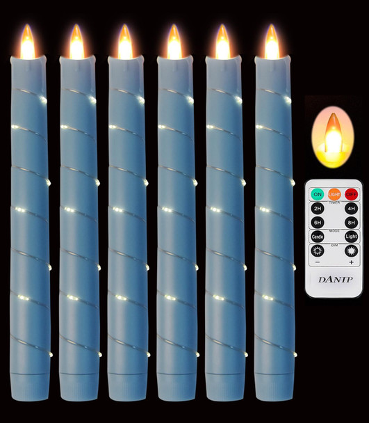 Flameless Cone-Shaped Candle, Patented Starlight String, 11 Key Remote Control, Timer, Battery Powered, Patented Dance Flickering Flames, 6 Packs, Christmas Home Decoration (Sky Blue)