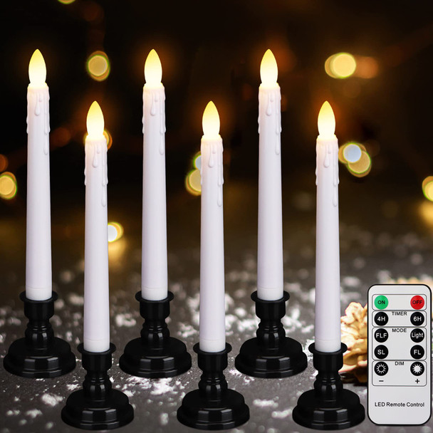 LED Battery Operated Window Candle with Remote & Timer Flickering Warm Light Christmas Flameless Taper Candles for Party Holiday Wedding Home Table Decoration (Pack of 6,White+Black Holder(A))…