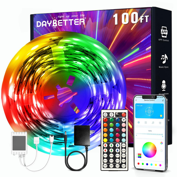 DAYBETTER LED Strip Lights 100ft, Smart Light with App Remote Control, RGB LED Lights for Bedroom, Music Sync Color Changing Lights for Room Home Decor Party Festival Halloween, Christmas (1 Roll)