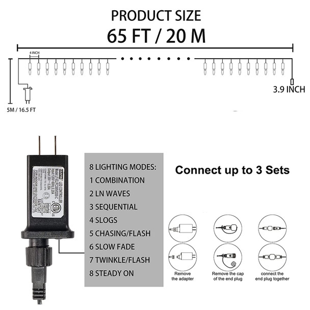 Dazzle Bright 200 LED Christmas Mini String Lights, 65FT Connectable Waterproof 8 Modes Fairy Lights for Indoor Outdoor Patio Garden Holiday Party Decorations (Multi-Colored)