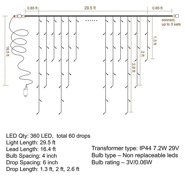 Dazzle Bright 360 LED Christmas Icicle Lights, 29.5 FT 8 Modes Curtain Fairy Lights with 60 Drops, Connectable Xmas String Lights for Outside Holiday Wedding Party Decorations (White)