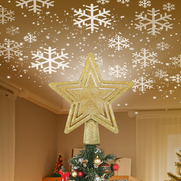 Christmas Tree Topper Lighted, Christmas Star Tree Topper with LED Rotating Snowflake Projector Lights, 3D Hollow Glitter Golden Star Projector for Christmas Tree Decorations Xmas s