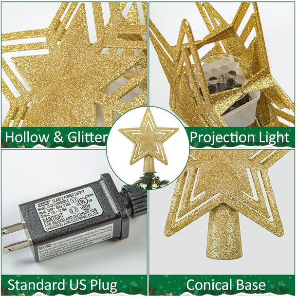 Christmas Tree Topper Lighted, Christmas Star Tree Topper with LED Rotating Snowflake Projector Lights, 3D Hollow Glitter Golden Star Projector for Christmas Tree Decorations Xmas s