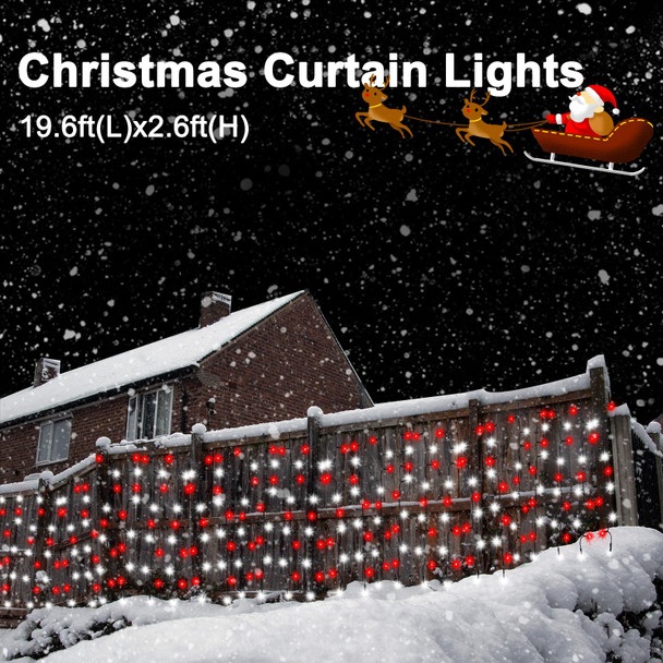 DBFAIRY Red White Christmas Curtain Lights Solar Powered, 19.6Ft x 3.2Ft 300 LED Outdoor Curtain Lights Christmas Candy Cane Fairy Lights 8 Modes Auto On/Off Holiday Decor for Backyard Fence Roof