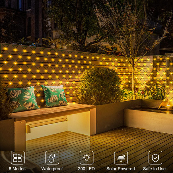 Solar Net Mesh String Lights Outdoor Waterproof 9.8ft x 6.6ft 200 LEDs Tree-wrap Lights,Dark Green Cable,8 Modes Outdoor Mesh Lights for Party Christmas Wedding Garden Home Patio Lawn - Warm White