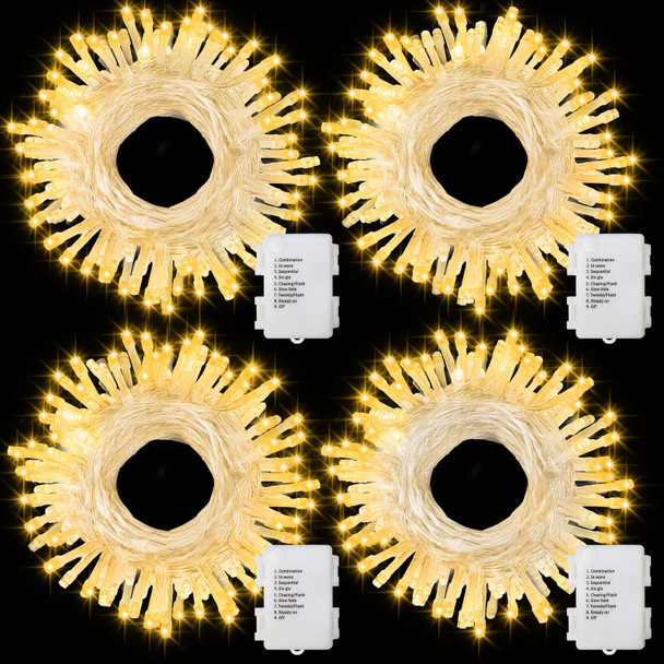4 Pack Battery Christmas Light String 16.5Ft 50 LED Clear Wire Sting Lights Christmas Tree Wrapped Lights Timer 8 Modes Auto On/Off Christmas Fairy Lights for Indoor Outdoor Patio Wreath Garden Deck