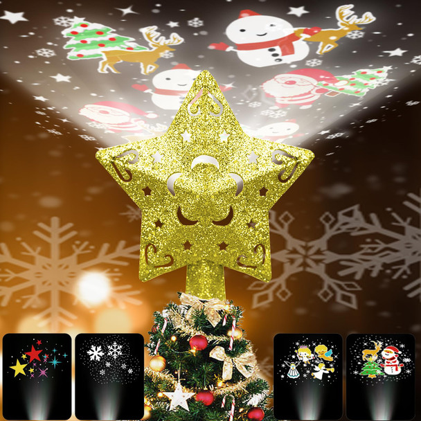 Christmas Tree Topper with 4 Projected Patterns,Gold Star Built-in LED 3D Rotating Projection Light,Xmas Tree Decoration for Courtyard Year Holiday Home Party Christmas Tree Topper with 4 Projected Patterns,Gold Star Built-in LED 3D Rotating Projection Light,Xmas Tree Decoration for Courtyard Year Holiday Home Party