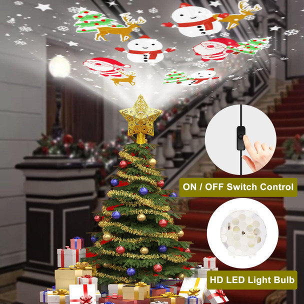 Christmas Tree Topper with 4 Projected Patterns,Gold Star Built-in LED 3D Rotating Projection Light,Xmas Tree Decoration for Courtyard Year Holiday Home Party