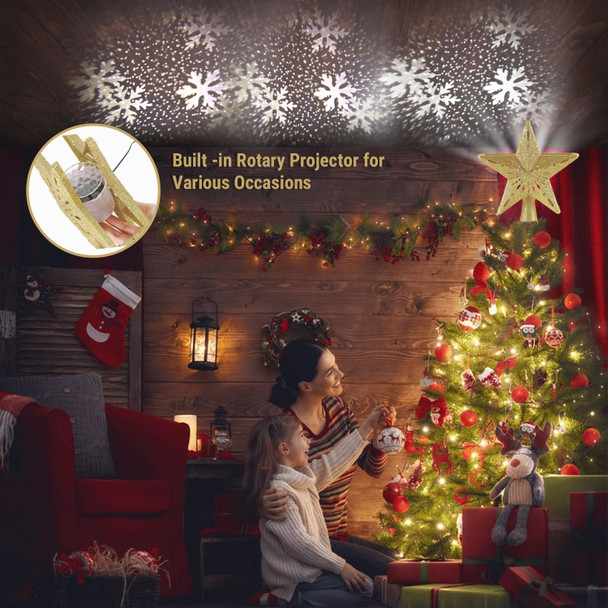 Christmas Star Tree Topper Projector, Lighted 3D Star Tree Top with Rotating LED Snowflake Projection, Glitter Gold Xmas Tree Decoration, Easy Setup for Holiday Home Christmas Party Decor