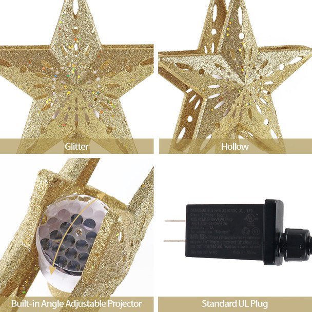 Christmas Star Tree Topper Projector, Lighted 3D Star Tree Top with Rotating LED Snowflake Projection, Glitter Gold Xmas Tree Decoration, Easy Setup for Holiday Home Christmas Party Decor