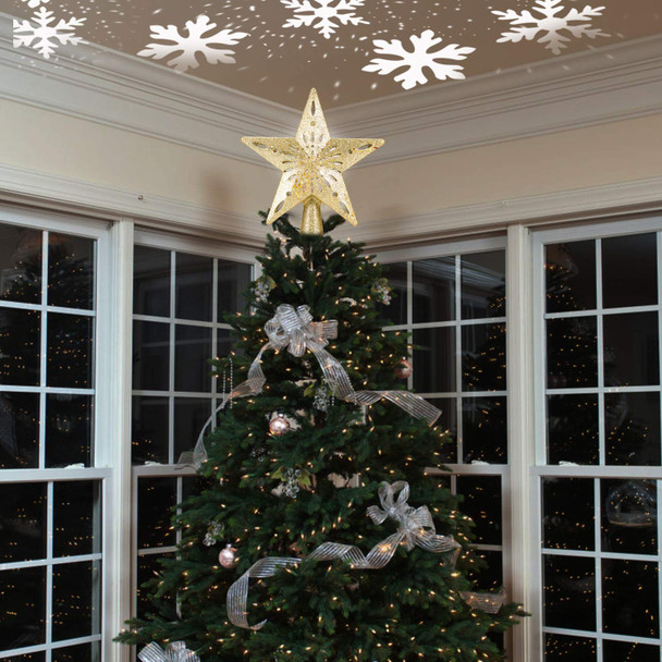 DG-Direct Christmas Tree Topper Lighted Star [Gold],3D Hollow Sparkling Star Christmas Tree Topper with Rotating Magic Cool White Snowflake Projector for Christmas Tree Ornament (Gold)