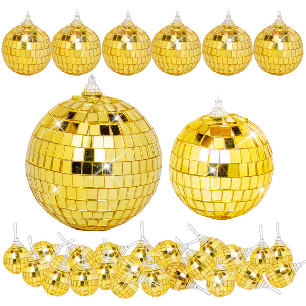 32 Pack Mini Disco Balls Decorations Different Sizes Mirror Ball with Hanging String Small Disco Ball Ornament for Disco Theme Party Cake Topper DJ Club Christmas Wedding Home Decor (Gold)