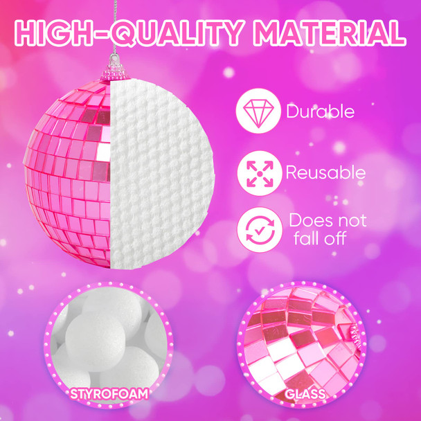 32 Pack Mini Disco Balls Decorations Different Sizes Mirror Ball with Hanging String Small Disco Ball Ornament for Disco Theme Party Cake Topper DJ Club Christmas Wedding Home Decor (Pink)