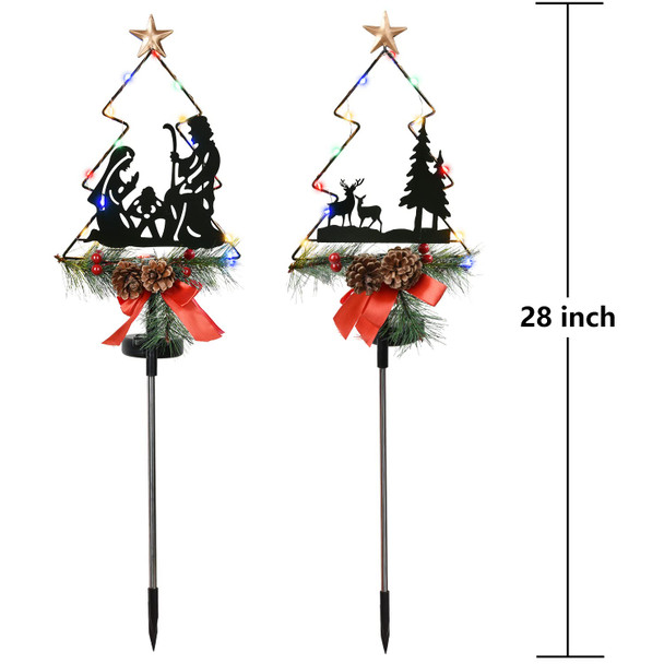 2 Pack Outdoor Solar Christmas Lights, Multicolor LED Silhouettes Christmas Decorations ，Christmas Outdoor Solar Lights with Artificial Berry and Pine Needles for Garden Backyard Decorative