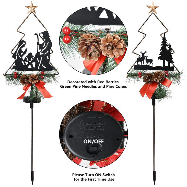 2 Pack Outdoor Solar Christmas Lights, Multicolor LED Silhouettes Christmas Decorations ，Christmas Outdoor Solar Lights with Artificial Berry and Pine Needles for Garden Backyard Decorative