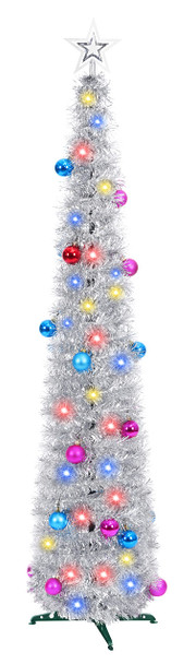 Dolicer 5Ft Pop up Christmas Tree, Collapsible Tinsel Christmas Tree with 30 Colorful LED Lights Artificial Pencil Tree with 25 Ball Ornaments Battery Operated Xmas Tree Decor Home Party (Silver)