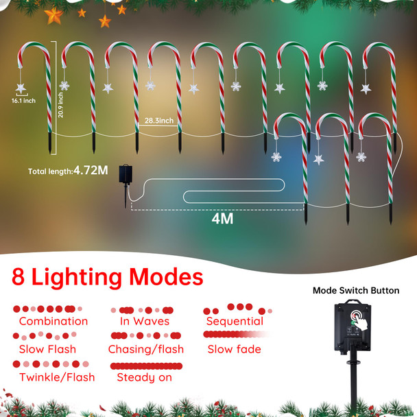Candy Cane Lights Outdoor Pathway Christmas Decorations, 12 Pack Green Red White Solar Pathway Lights with 8 Modes Waterproof Timer for Christmas Outsides Walkway Porch Lawn Garden Yard Decoration