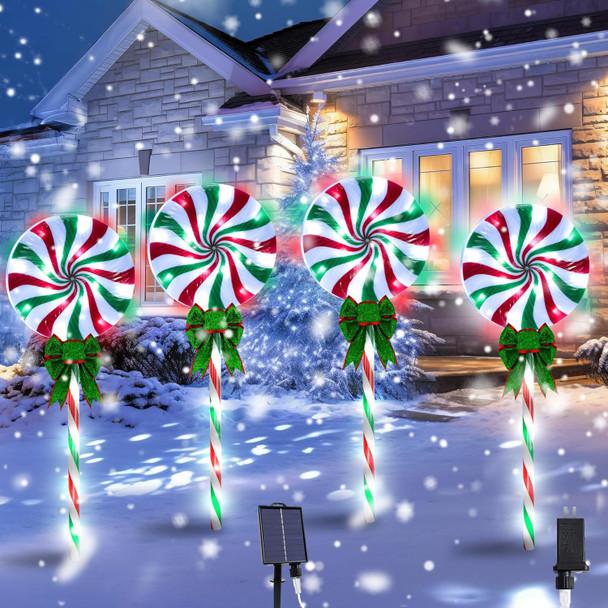 4 Pack 27.5" Lollipop Peppermint Christmas Pathway Lights Outdoor with Bow, Green Red White 80 LED Solar Candy Cane Lights 8 Modes Waterproof, Walkway Markers for Xmas Outsides Garden Yard Decoration