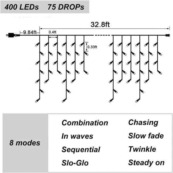 Dopheuor Icicle Fairy Lights 400LED 32.8ft 75Drops 8 Modes Waterproof String Lights for Outdoor Eaves Curtain Christmas Trees Party Decor(Warm White)