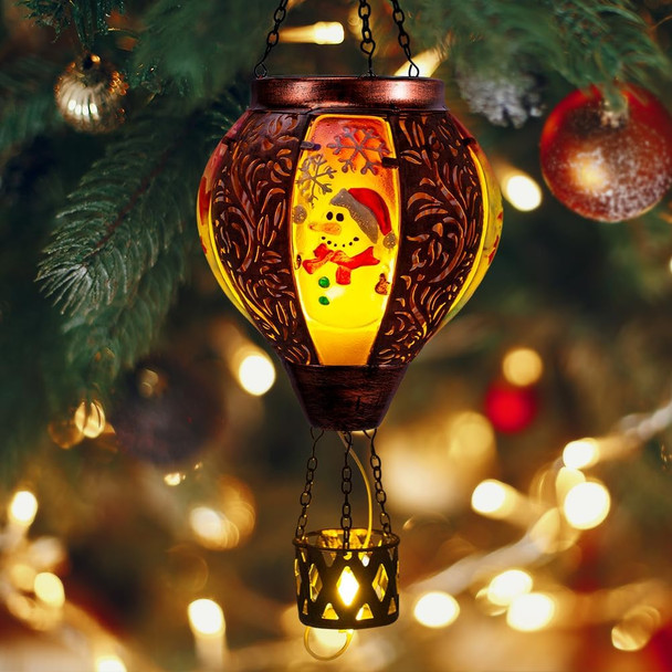 DREAMSOUL Christmas Hot Air Balloon Solar Lantern, Solar Snowman Decorative Solar Lantern with Candle Holder, Hanging Christmas Lantern with Flickering Flame for Garden Patio Snowman Decor