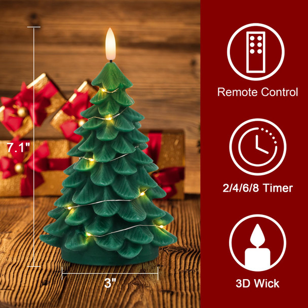 DRomance Christmas Tree Flameless Candles String Lights with 11-Key Remote and Timer, 2 Pack Green Real Wax Battery Operated 3D Wick LED Flickering Candles Dinner Holiday Indoor Decor(3" x 7.1")
