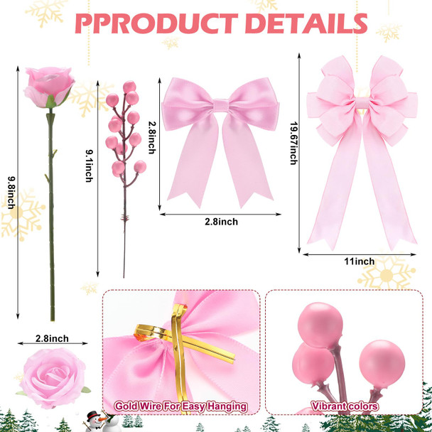 Duraaamo 61 Pcs Rose Christmas Tree Decoration Rose Decorations Set Include Faux Rose Artificial Berries Small Ribbon Bows Big Velvet Topper Bow for Holiday Home Xmas Tree Decor(Coquettish Pink)