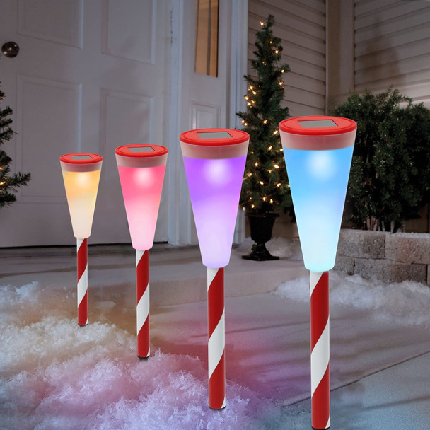 Dynaming 10 Pack Solar Christmas Garden Lights, Solar Powered Outdoor Color Changing Christmas Pathway Markers, Waterproof & Auto On/Off Candy Cane Lights for Xmas Patio Yard Walkway Driveway Decor