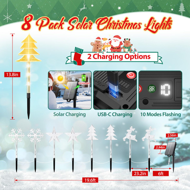 8 Pack Christmas Decorations Outdoor for Yard, 2 Charging Ways Large 1200mAh Solar Christmas Pathway Lights, 32 LED Christmas Lights 10 Modes Waterproof Christmas Decorations Outside for Garden Decor