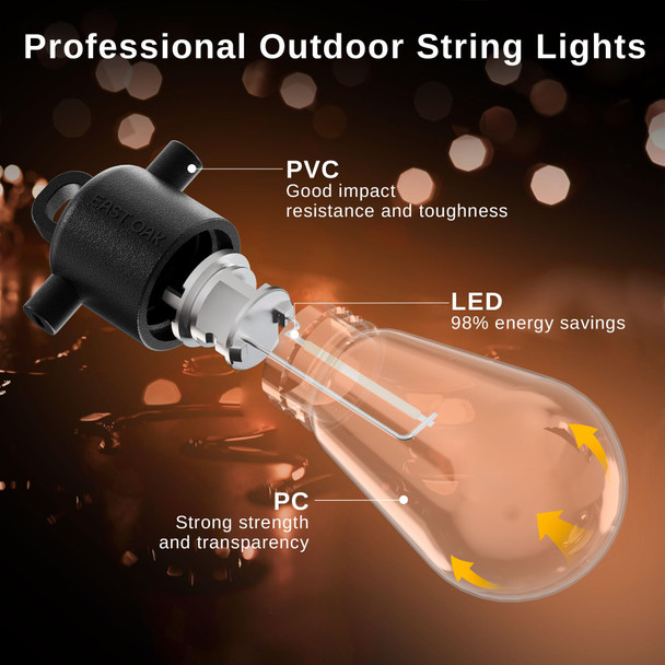 EAST OAK Outdoor String Lights LED 48FT, Patio String Lights Waterproof with 15 Shatterproof Vintage Edison Bulbs for Christmas Backyard Porch Party Warmlight
