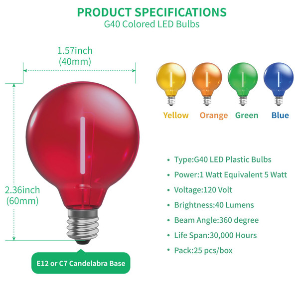 Multicolor G40 Replacement Light Bulbs for Christmas Lights, E12/C7 Candelabra Base,1 Watt Shatterproof LED Globe Light Bulbs, Multi-Color: Red/Green/Blue/Orange/Yellow