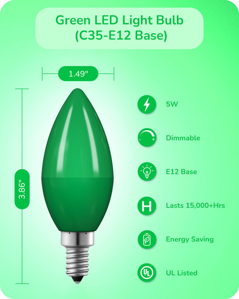 EDISHINE Christmas C35 Green Dimmable LED Light Bulbs, E12 Candelabra Bulbs, 60 Watt Equivalent, LED Chandelier Bulb, Vintage Candle Light Bulb, Decorative Lighting for Christmas, Party, 6 Pack