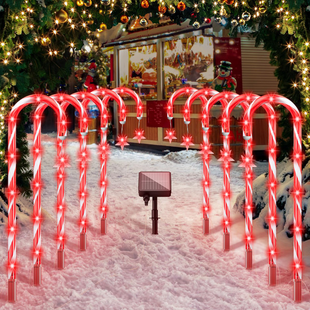 HIGH Power 80 Red LED Outdoor Christmas Decorations 10 Pack, Solar Christmas Candy Cane Lights Waterproof, 8 Modes Candy Cane Pathway Lights with Christmas Tree Decoration for Yard Garden Lawn