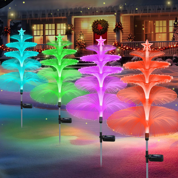 Solar Garden Lights Christmas Decorations Outdoor Waterproof,4 Packs Christmas Trees Lights Fairy Garden Decor,Xmas s for Women mom,Solar Jellyfish Lights with Star 5 Layer for Yard Outside