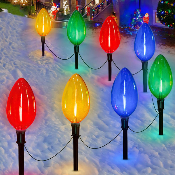 Jumbo C9 Christmas Pathway Lights Outdoor - 2 Pack Total 14 FT 8 LED C9 Giant Clear Multicolor Christmas Walkway Lights for Lawn Holiday Yard Garden Driveway Xmas Decorations