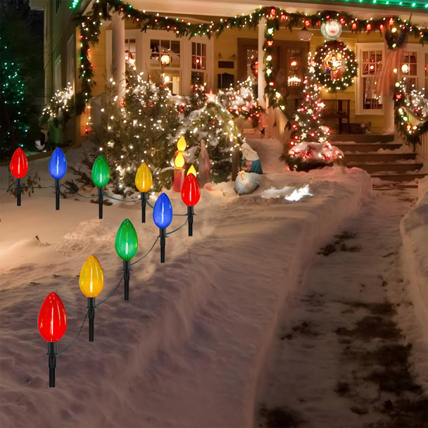 Jumbo C9 Christmas Pathway Lights Outdoor - 2 Pack Total 14 FT 8 LED C9 Giant Clear Multicolor Christmas Walkway Lights for Lawn Holiday Yard Garden Driveway Xmas Decorations