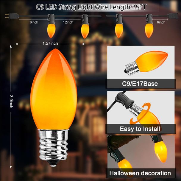 C9 Orange Halloween String Lights 25Ft Outdoor LED Halloween Decorations Lights Waterproof with 26 Shatterproof LED Bulbs UL Listed for Halloween Parties Christmas Fall Festivities Patio Garden Decor