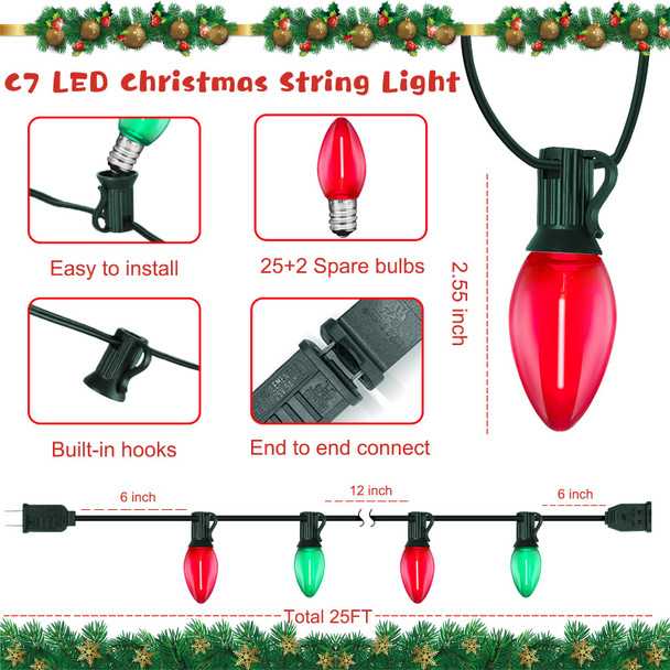 C7 Christmas Lights Outdoor 25Ft Vintage Christmas String Lights with 27 Clear Red and Green Bulbs(2 Spare), Plug in Outdoor Christmas Lights Waterproof for Outside Porch Xmas Tree Party Patio Holiday
