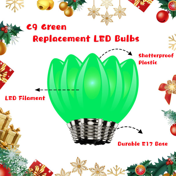 25 Pack C9 LED Green Replacement Bulbs, E17 LED Bulb for Outdoor Christmas String Lights, Energy-Efficient 0.6W LED Green Plastic Christmas Light Bulb, Commercial Grade Dimmable Bulbs