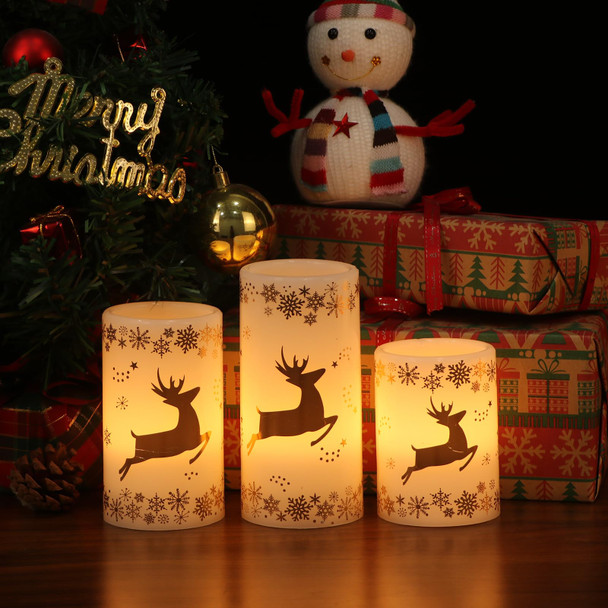 Eldnacele Christmas Flickering Flameless Candles with 6 Hour Timer, Gold Deer Decal Battery Operated Real Wax LED Pillar Candles Home Tabletop Holiday Decor(3Pcs,3×4/5/6 Inches)