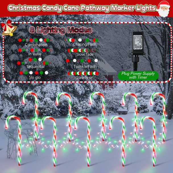 10 in 1 Christmas Candy Cane Lights with Stakes, 22 Inch 8 Modes Christmas Candy Cane Pathway Marker Lights with Timer for Xmas Walkway Yard Lawn Outdoor Decor(Red, Green, White)