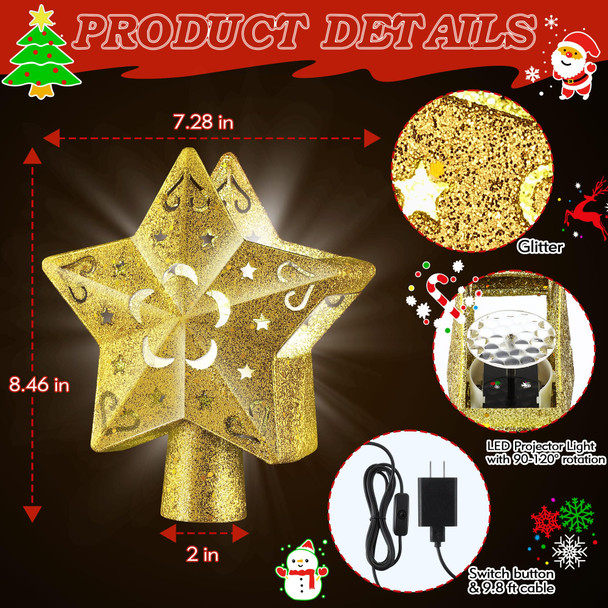 Christmas Star Tree Topper Lighted with 6 Projection Modes, Gold Christmas Tree Topper with Built in LED Rotating Lights, 3D Dynamic Glitter Projector for Xmas Year Tree Decoration