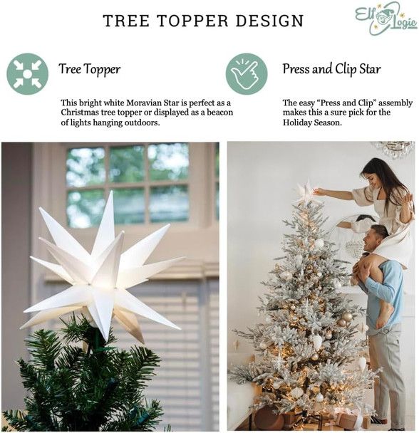 Elf Logic Large 12” Easy Assembly Warm White LED Moravian Star - Hanging Outdoor Christmas Light - Use as Holiday Decoration, Porch Light, 3D Fixture, Advent Star, Wedding & Ballroom Venue Decor
