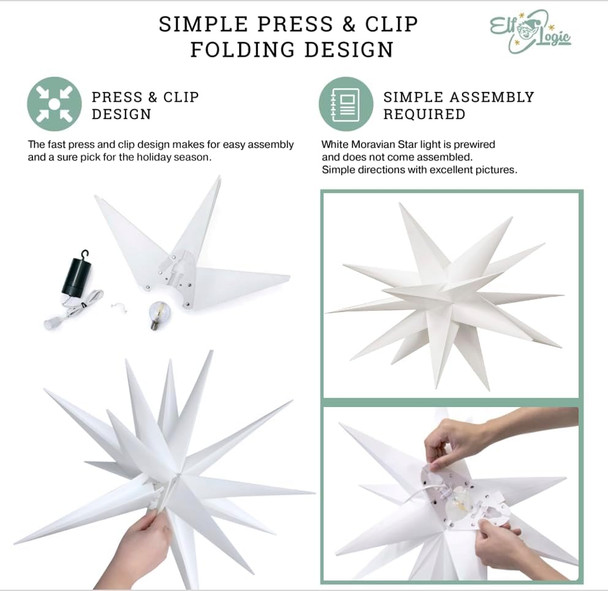 Elf Logic Large 12” Easy Assembly Warm White LED Moravian Star - Hanging Outdoor Christmas Light - Use as Holiday Decoration, Porch Light, 3D Fixture, Advent Star, Wedding & Ballroom Venue Decor