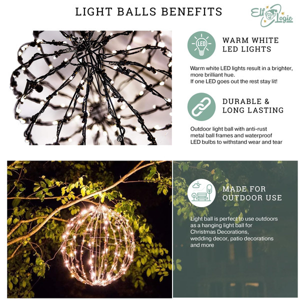 Elf Logic 12” Outdoor/Indoor LED Christmas Light Ball with Automatic Timer. Durable, Waterproof, Long-Lasting, Lightweight Bright Light Ball. Warm LED Lights for Holiday Decor, Patio, Wedding Decor