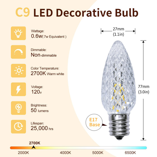 50 Pack C9 Led Replacement Christmas Light Bulb，Warm White C9 Shatterproof Led Bulbs for Indoor Outdoor Decorative String Light，E17 Base