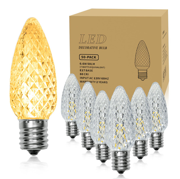 50 Pack LED C9 Christmas Light Bulbs, Shatterproof & Waterproof C9 LED Christmas Replacement Bulbs, 2700K Warm White Christmas Decor for Indoor & Outdoor Use, E17 Base Holiday Decoration 50 Pack LED C9 Christmas Light Bulbs, Shatterproof & Waterproof C9 LED Christmas Replacement Bulbs, 2700K Warm White Christmas Decor for Indoor & Outdoor Use, E17 Base Holiday Decoration